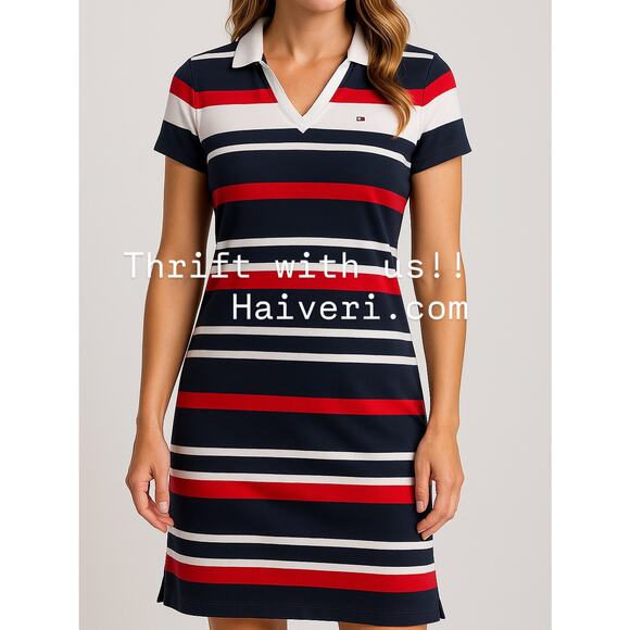 Tommy Hilfiger Striped Polo Dress –Navy Red White –Classic Preppy Short V-Neck - Picture 2 of 9